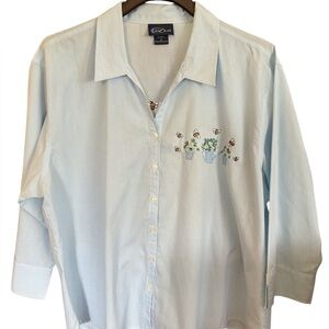 Las Olas Blue Striped Button-Up Shirt with Floral Embroidery Size XL